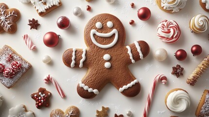 Poster - artistic white surface featuring a whimsical gingerbread christmas dessert with a joyful face, surro