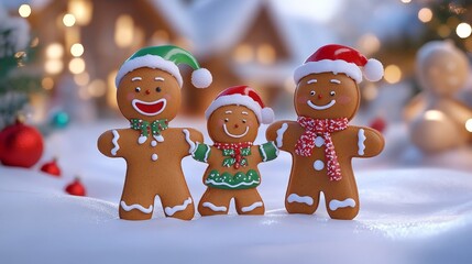 Poster - Artistic white surface showcasing a playful gingerbread family cartoon, enjoying the holiday season with festive outfits and decorations