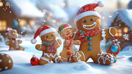Poster - Artistic white surface showcasing a playful gingerbread family cartoon, enjoying the holiday season with festive outfits and decorations