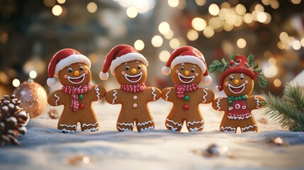 Poster - Artistic white surface showcasing a playful gingerbread family cartoon, enjoying the holiday season with festive outfits and decorations