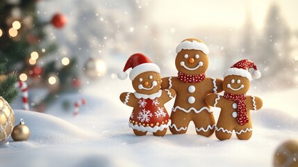 Poster - Artistic white surface showcasing a playful gingerbread family cartoon, enjoying the holiday season with festive outfits and decorations