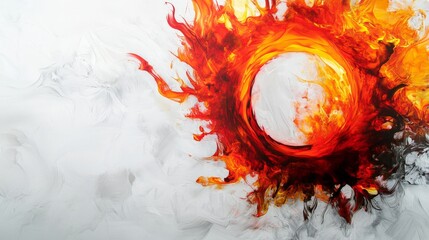 Poster - Artistic white surface showcasing a vibrant circular energy with fiery patterns, featuring intense, glowing lines that suggest a high-energy design