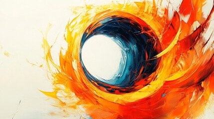 Poster - Artistic white surface showcasing a vibrant circular energy with fiery patterns, featuring intense, glowing lines that suggest a high-energy design