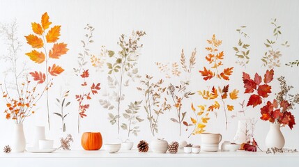 Poster - Bright white backdrop featuring artistic depictions of autumn leaves and plants, evoking the spirit of the season