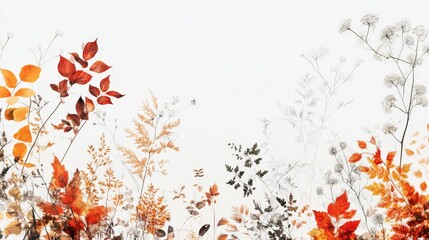 Poster - Bright white backdrop featuring artistic depictions of autumn leaves and plants, evoking the spirit of the season