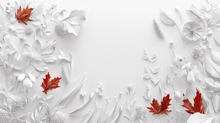 Poster - Bright white backdrop featuring artistic depictions of autumn leaves and plants, evoking the spirit of the season