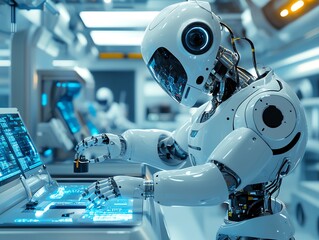 Aufkleber - A humanoid robot in a futuristic laboratory setting, working on a computer with glowing blue screens.