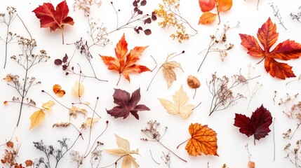 Poster - Bright white background showcasing artistic depictions of autumn leaves and plants, capturing the essence of fall