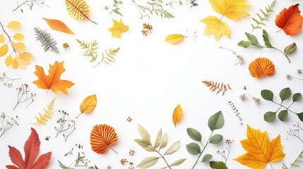 Poster - Bright white background showcasing artistic depictions of autumn leaves and plants, capturing the essence of fall
