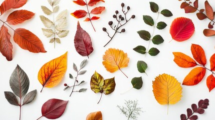 Poster - Bright white background showcasing artistic depictions of autumn leaves and plants, capturing the essence of fall