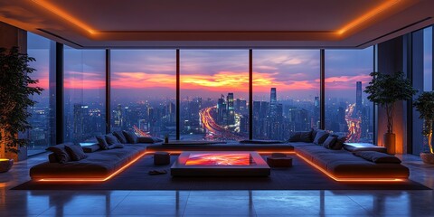 Poster - Modern living room with panoramic city view at dusk.