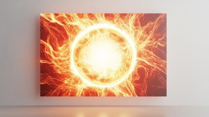 Poster - Clean white canvas displaying a bright, fiery circular energy with dynamic flames and radiant patterns creating a visually captivating design