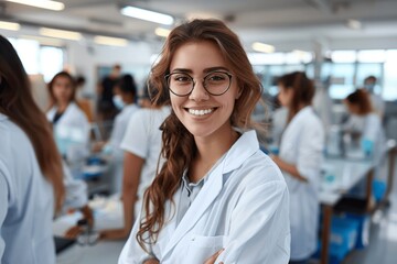 Young Female Scientist in Lab Coat and Glasses Leading Research Team in Modern Laboratory