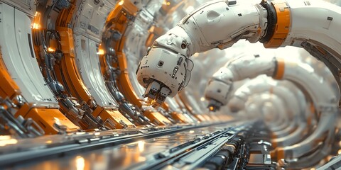 Poster - Futuristic robotic arms in a circular industrial setting.