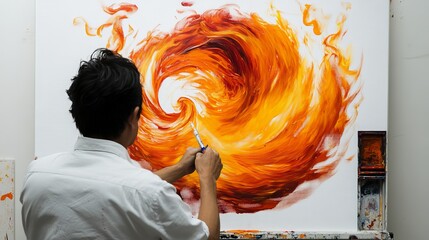 Poster - Clean white canvas displaying a vivid, circular fiery energy with swirling flames and radiant lines that evoke a sense of powerful dynamism