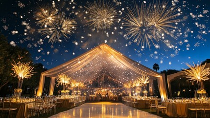 Poster - clean white canvas featuring an outdoor celebration with golden fireworks lighting up the night sky