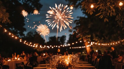 Poster - clean white canvas featuring an outdoor celebration with golden fireworks lighting up the night sky