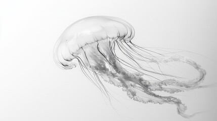 Poster - clean white canvas highlighting a graceful jellyfish, with its ethereal tentacles and delicate bell 