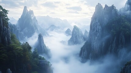Poster - clean white canvas highlighting a tranquil, misty mountain landscape, with fog drifting over the lof