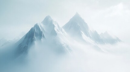 Poster - clean white canvas highlighting a tranquil, misty mountain landscape, with fog drifting over the lof