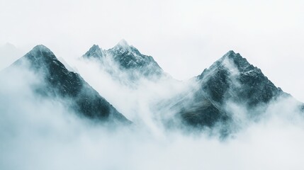 Poster - clean white canvas highlighting a tranquil, misty mountain landscape, with fog drifting over the lof
