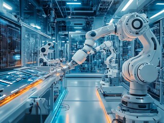 Poster - Industrial robots working on an assembly line in a factory.