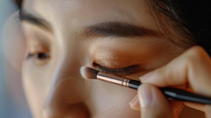 makeup artist using makeup brush for eyes and applying brown eyeshadow. make-up for young asian girl. Close-up