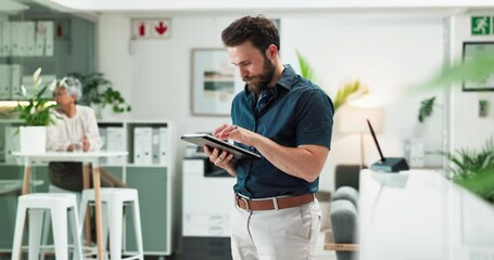 Poster - Research, social media and tablet with designer man reading creative information in office. App, problem solving and technology with artistic employee planning or thinking in professional workplace