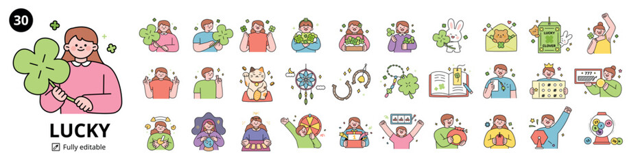 Wall Mural - people cheering with lucky items and four-leaf clovers. outline simple vector illustration. mega set