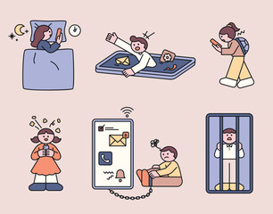 Fototapete - People addicted to digital devices. Various situations.