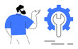 © robu_s - Man gesturing towards a gear with a wrench in the center, symbolizing technical support. Ideal for technology, customer service, maintenance, repairs, engineering, IT services, and instructional