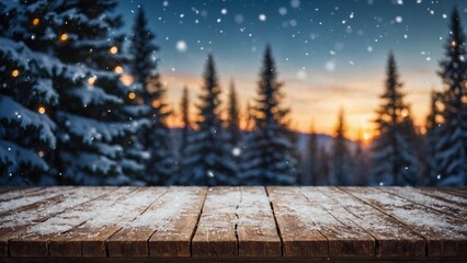 Wall Mural - rustic wood table winter mockup with bokeh, snow, and pine trees landscape background
