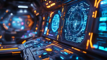 Poster - A futuristic cockpit interior with a glowing orange and blue dashboard, displaying a radar screen and other technical information.