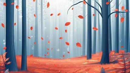 Poster - A Tranquil Autumn Forest with Falling Leaves and Hazy Atmosphere
