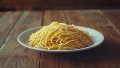 Pasta for lunch on white plate and brown wooden table