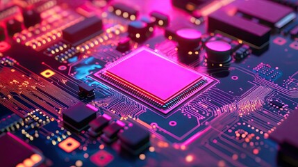 Poster - Close-up of a Pink-Lit Computer Chip on a Circuit Board
