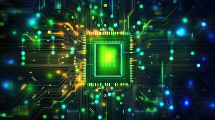 Poster - Abstract depiction of a circuit board with glowing green and blue lights