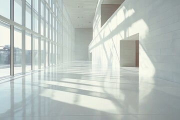 Poster - A bright and airy modern hallway with large windows and white walls. The sun is shining through the windows, casting long shadows on the floor.