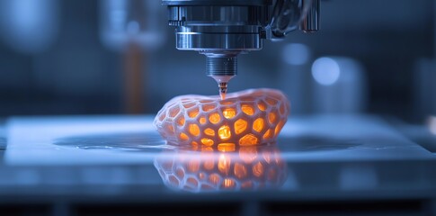 Poster - 3D printer nozzle extruding plastic to create a lattice structure.