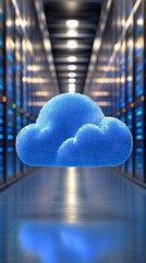 Aufkleber - A 3D blue cloud rendering floating in the middle of a server room with a blurred background.
