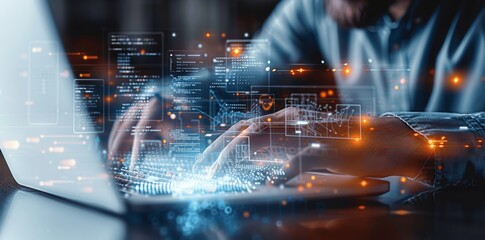 Aufkleber - Businessman Utilizing AI Technology for Data Analysis and Programming with Virtual Screen Hologram of Code in Office