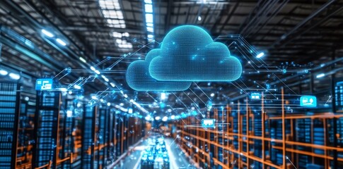 Aufkleber - A blue glowing cloud shaped like a cloud is shown in the middle of the image against a background of a server room