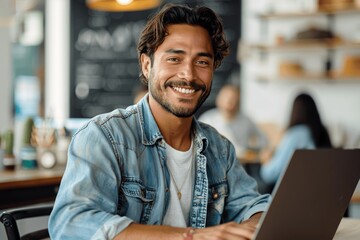 Smiling young male designer using laptop at desk in office with coworkers working behind him on a sunny day