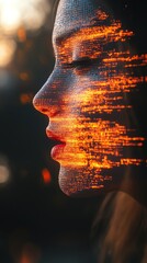 Aufkleber - A close-up of a person's face with a digital grid glowing brightly with orange light.
