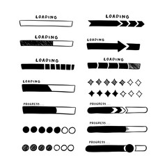 Set progress and loading bar doodle hand drawn design asset collection