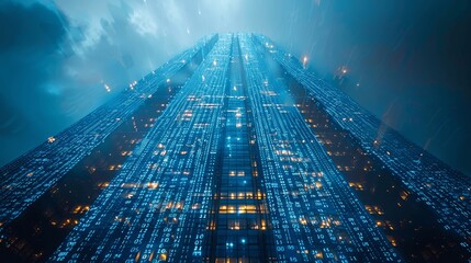 Aufkleber - Digital Skyscraper of Numbers and Code - AI Business Revolution on Indigo Background - 3D High-Resolution View