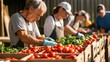 © ORG - A local food production scene with volunteers packaging fresh produce harvested from the community farm, ready to be distributed to local markets.