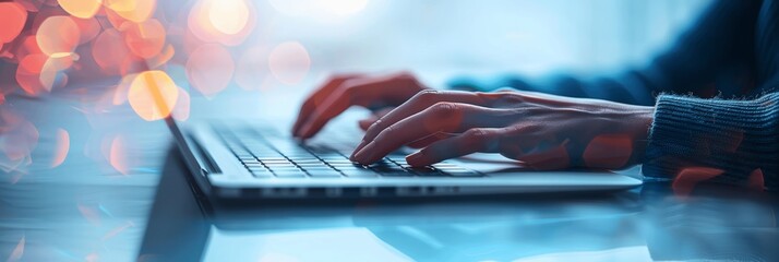 Poster - Woman typing on laptop at office with copy space, hands closeup, business and technology concept, workplace and networking, professional female working on computer keyboard