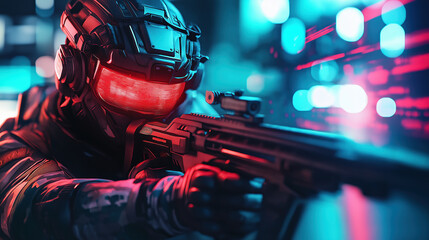 Futuristic soldier with advanced armor and weaponry in neon lit cityscape