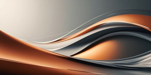 Abstract waves, fluid metallic curves, orange and gray tones, smooth surfaces, dynamic shapes, futuristic design, sleek texture, minimalist composition, 3D rendering, glossy finish, sunset-inspired co